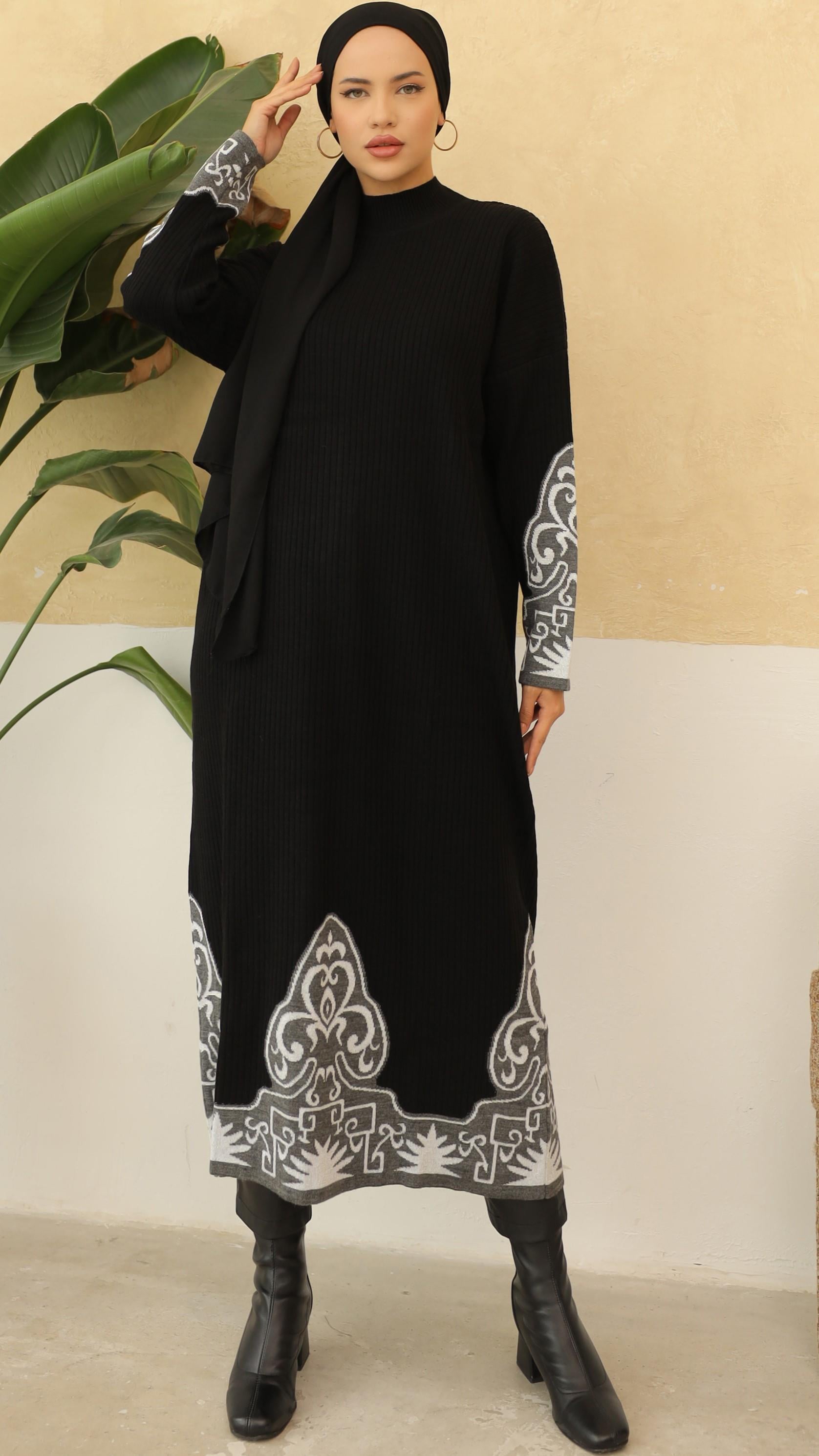 Siyah Etnik Desenli Fitilli Premium Triko Elbise 6330