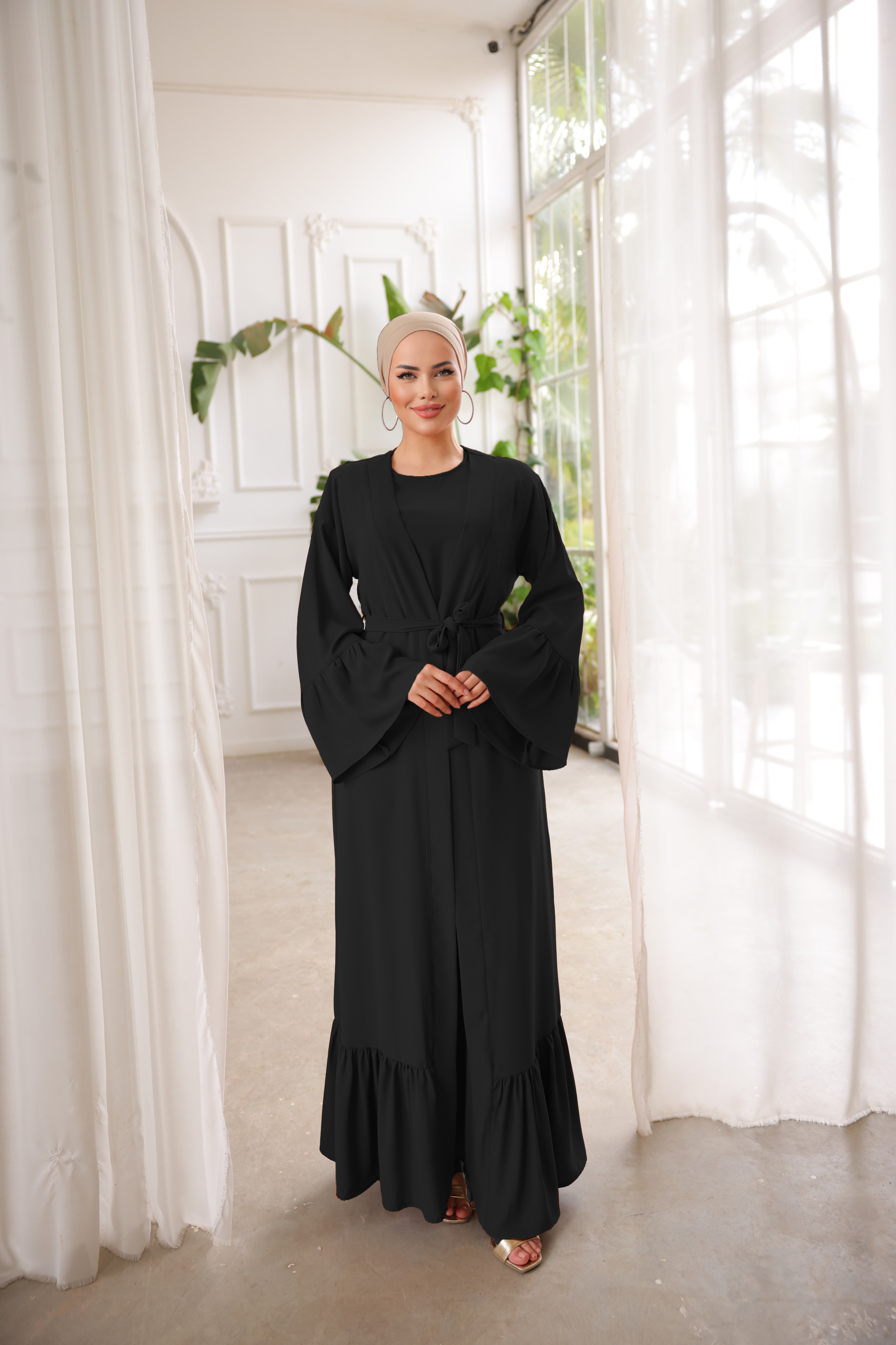 Siyah Fırfırlı İkili Takım Abaya 5038