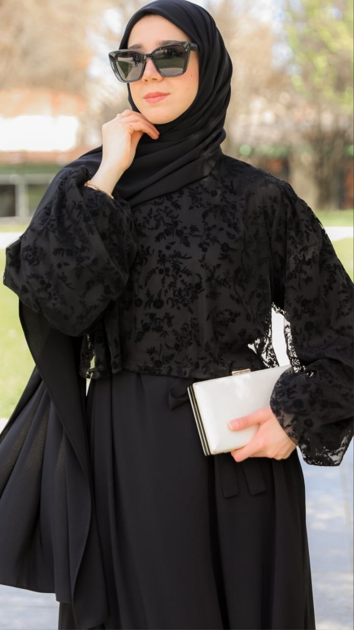 Siyah Flok Garnili Medine Elbise 5149