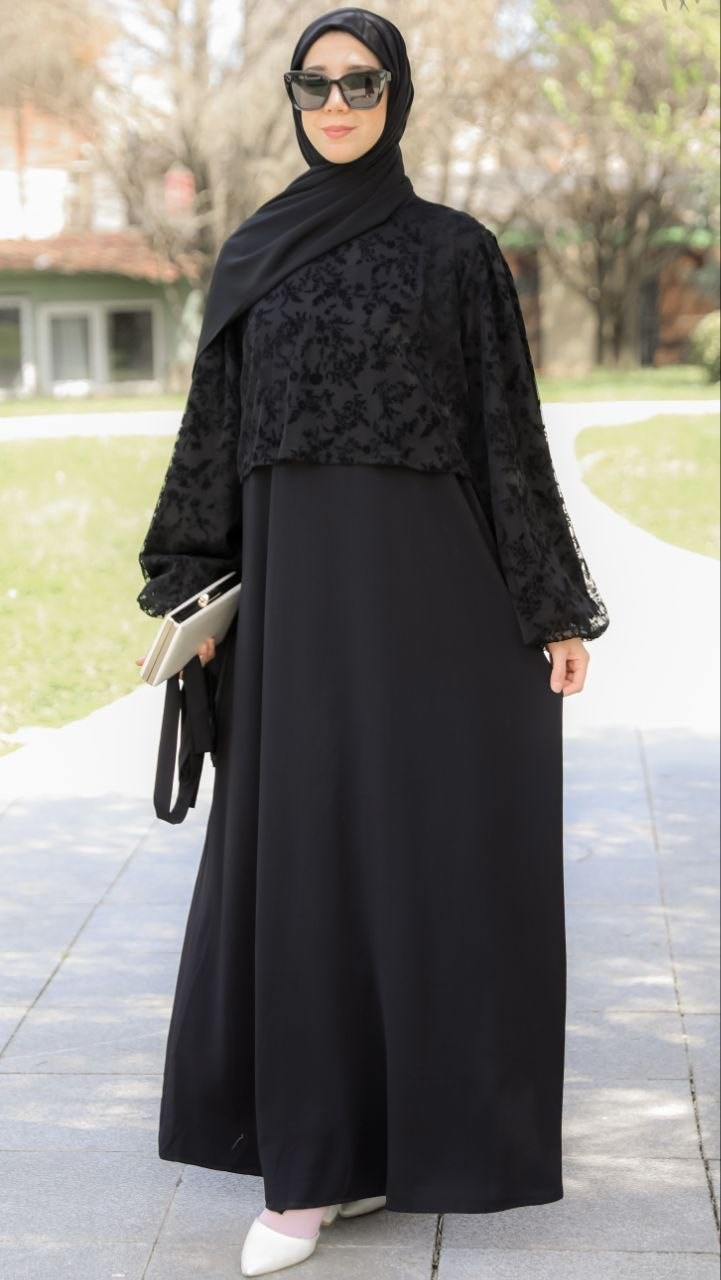Siyah Flok Garnili Medine Elbise 5149