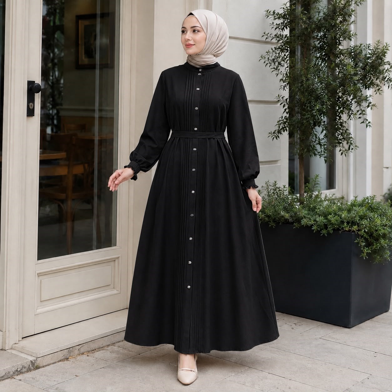 Siyah Nervürlü Çıtçıtlı Ferace 5153