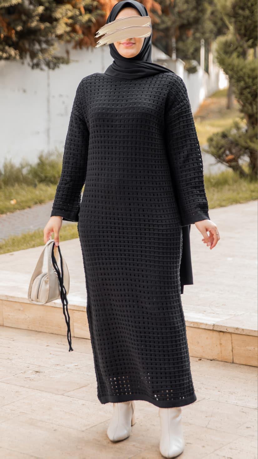 Siyah Oversize Tasarım Triko Elbise