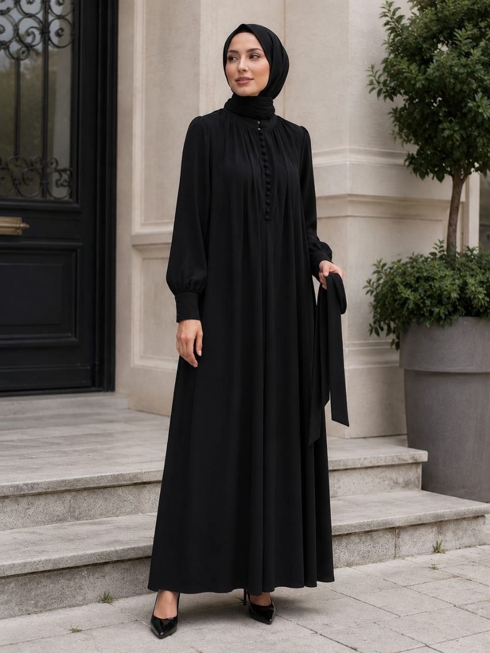 Siyah Reglan Kol Kaplama Düğmeli Elbise 5152