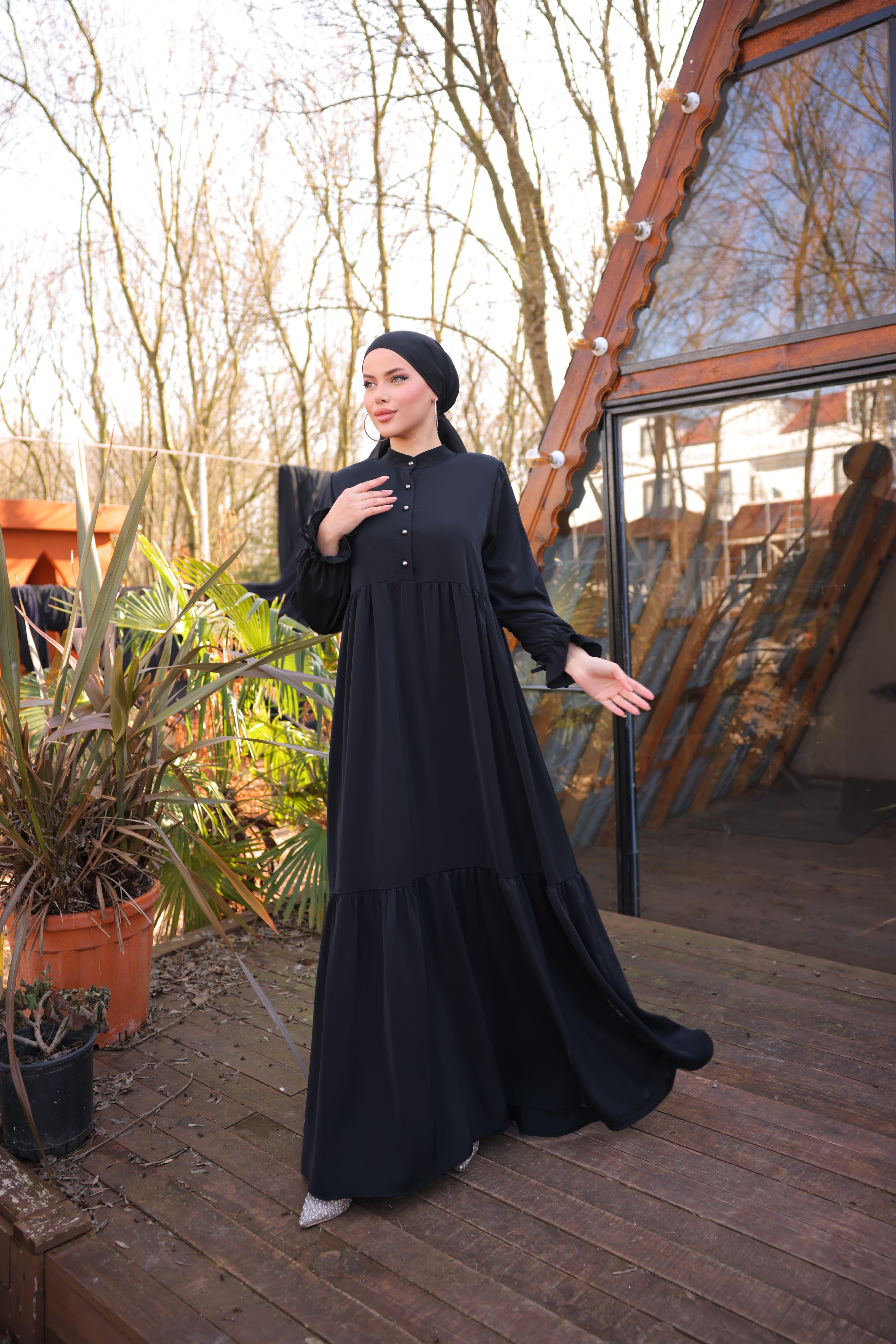 Siyah Yarım Patlı 3 Katlı Tesettür Elbise 5078