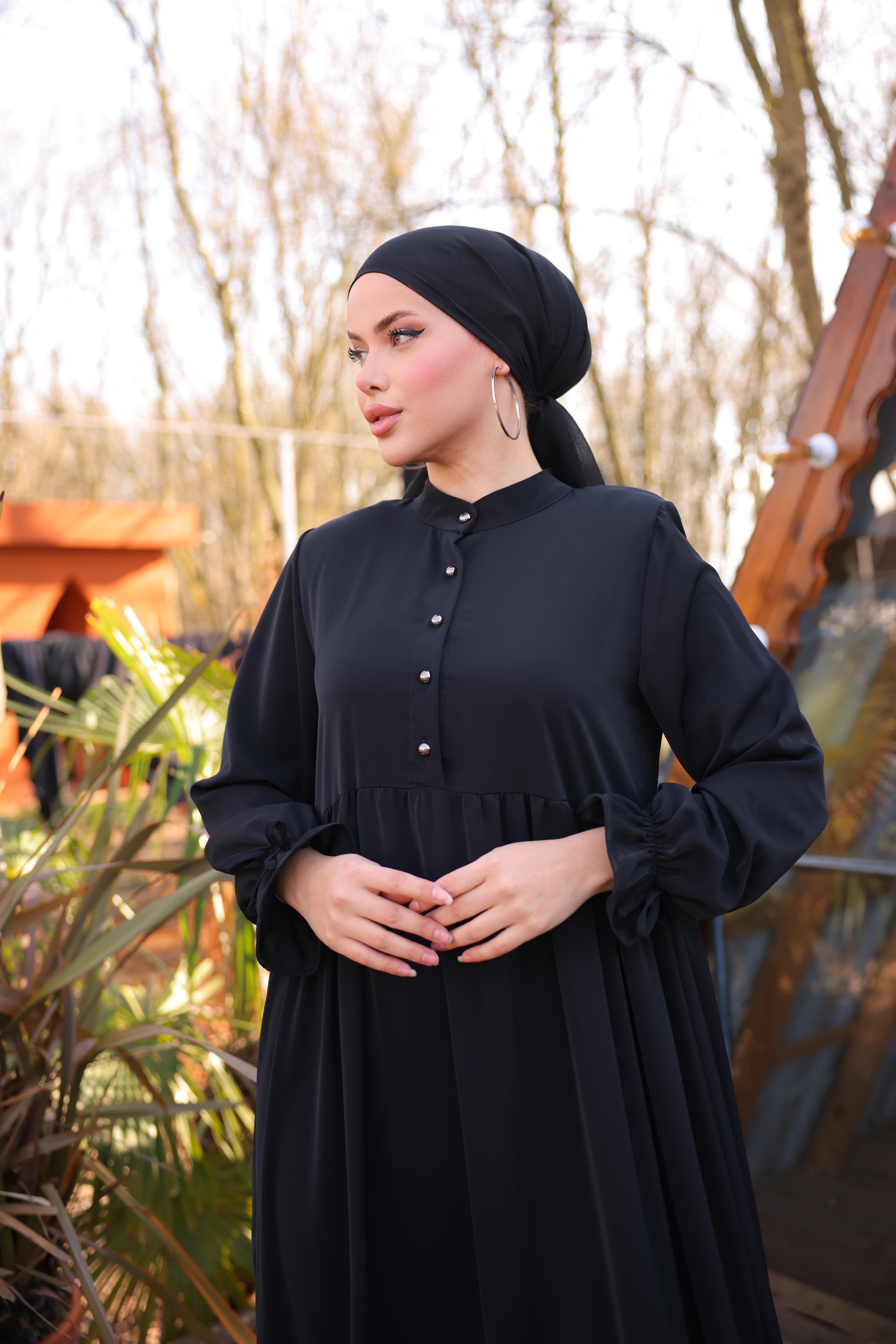 Siyah Yarım Patlı 3 Katlı Tesettür Elbise 5078