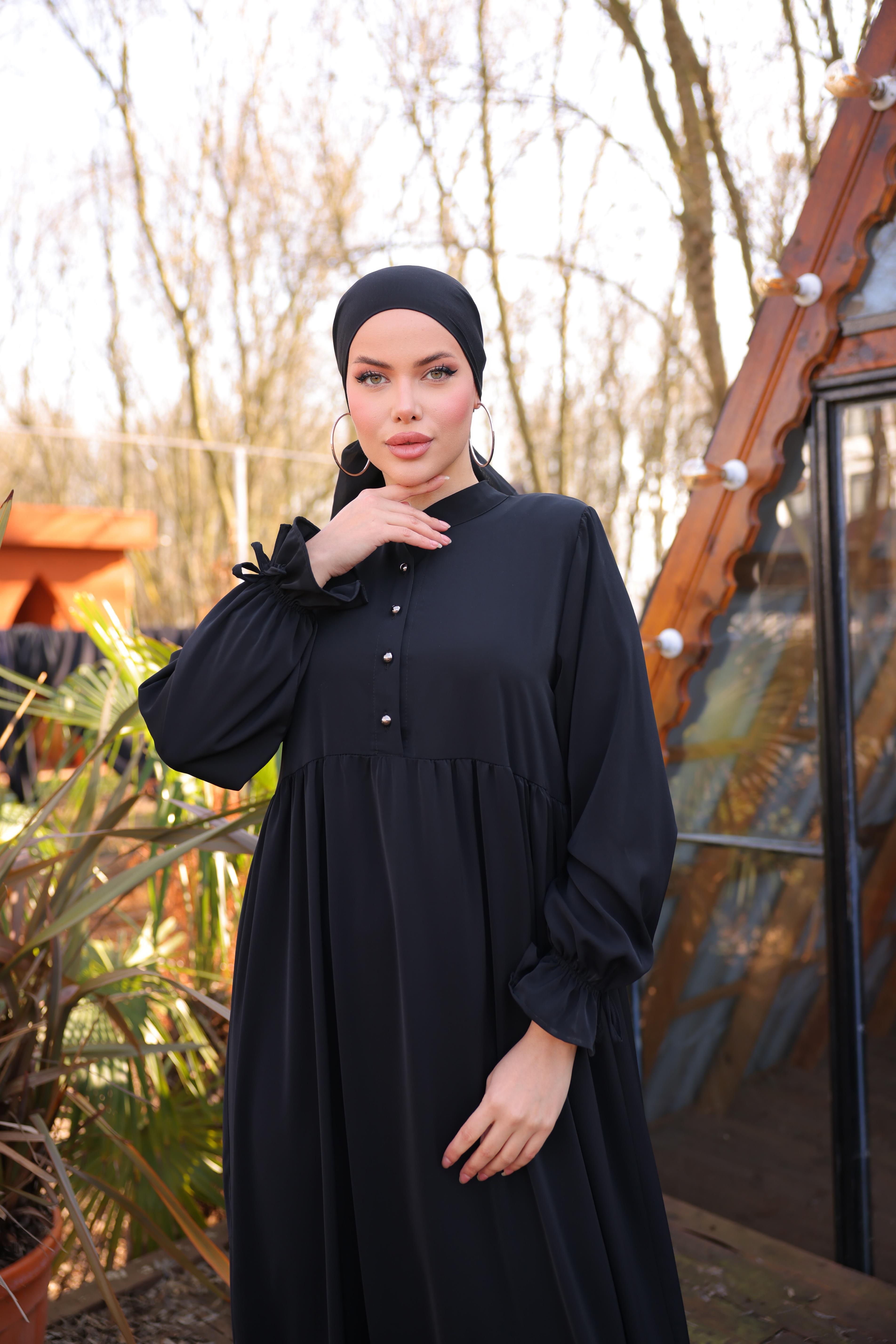 Siyah Yarım Patlı 3 Katlı Tesettür Elbise 5078