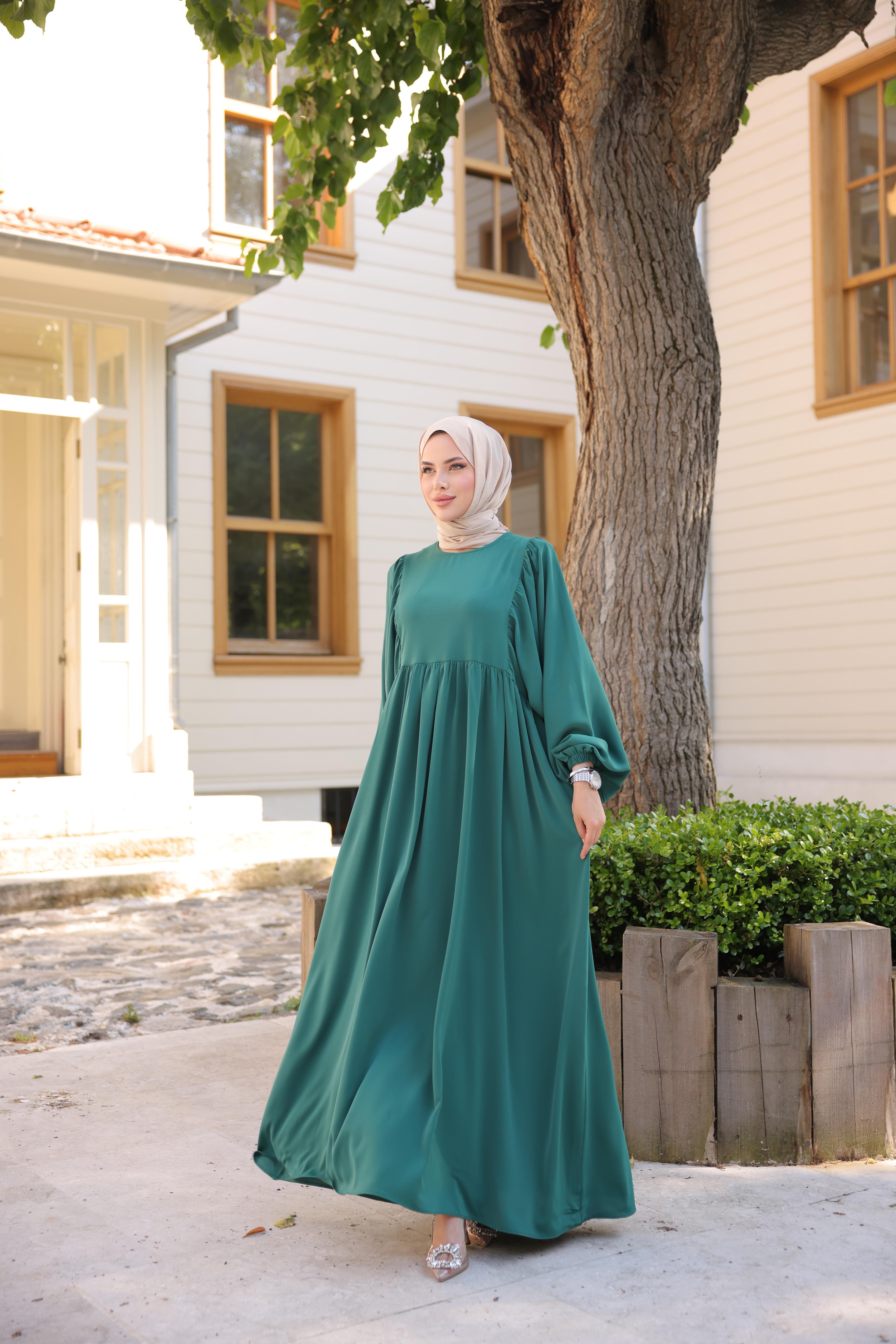 Zümrüt Yeşili Balon Kollu Oversize Elbise Nsr 5096