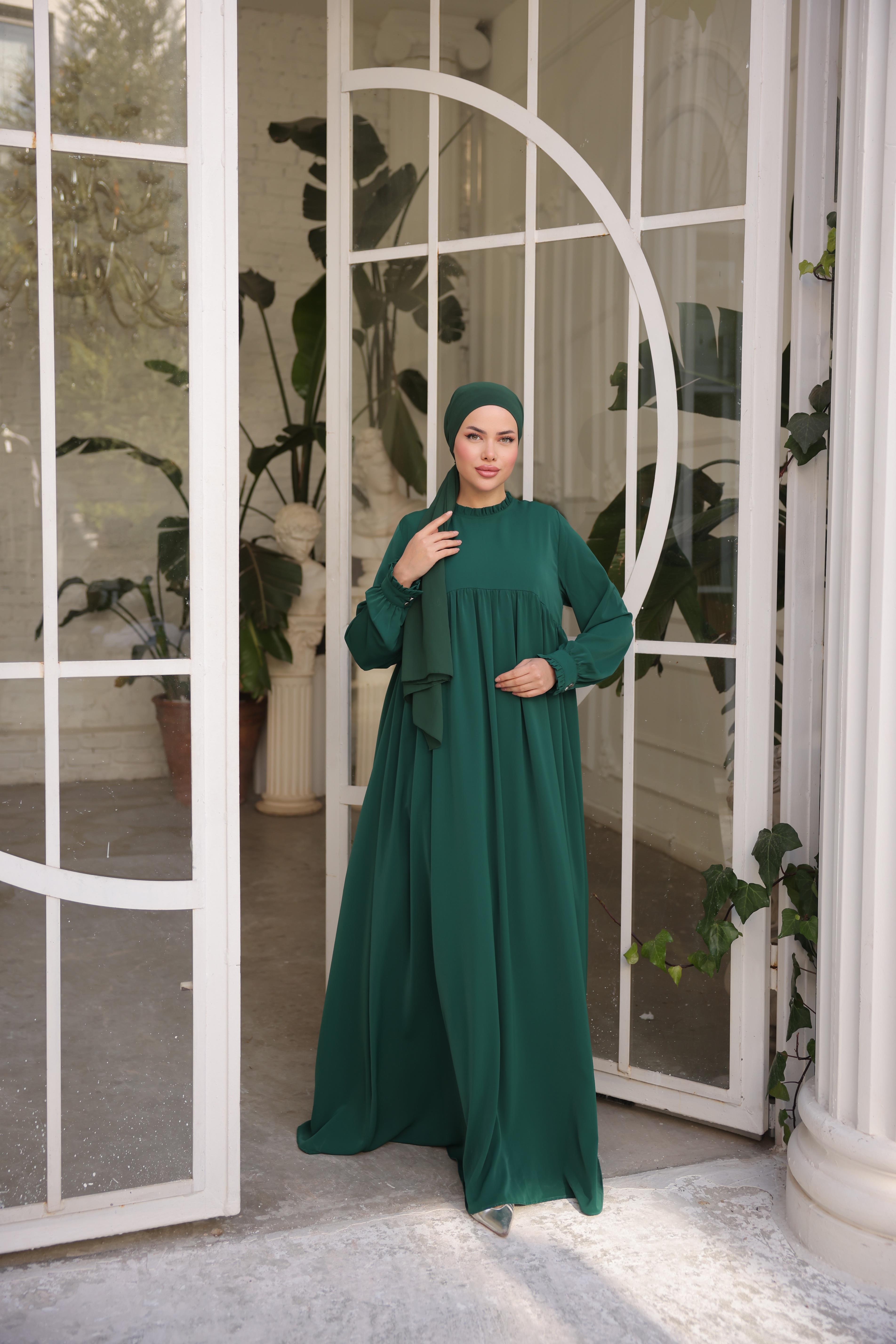 Zümrüt Yeşili Fırfırlı Robalı Elbise 5062