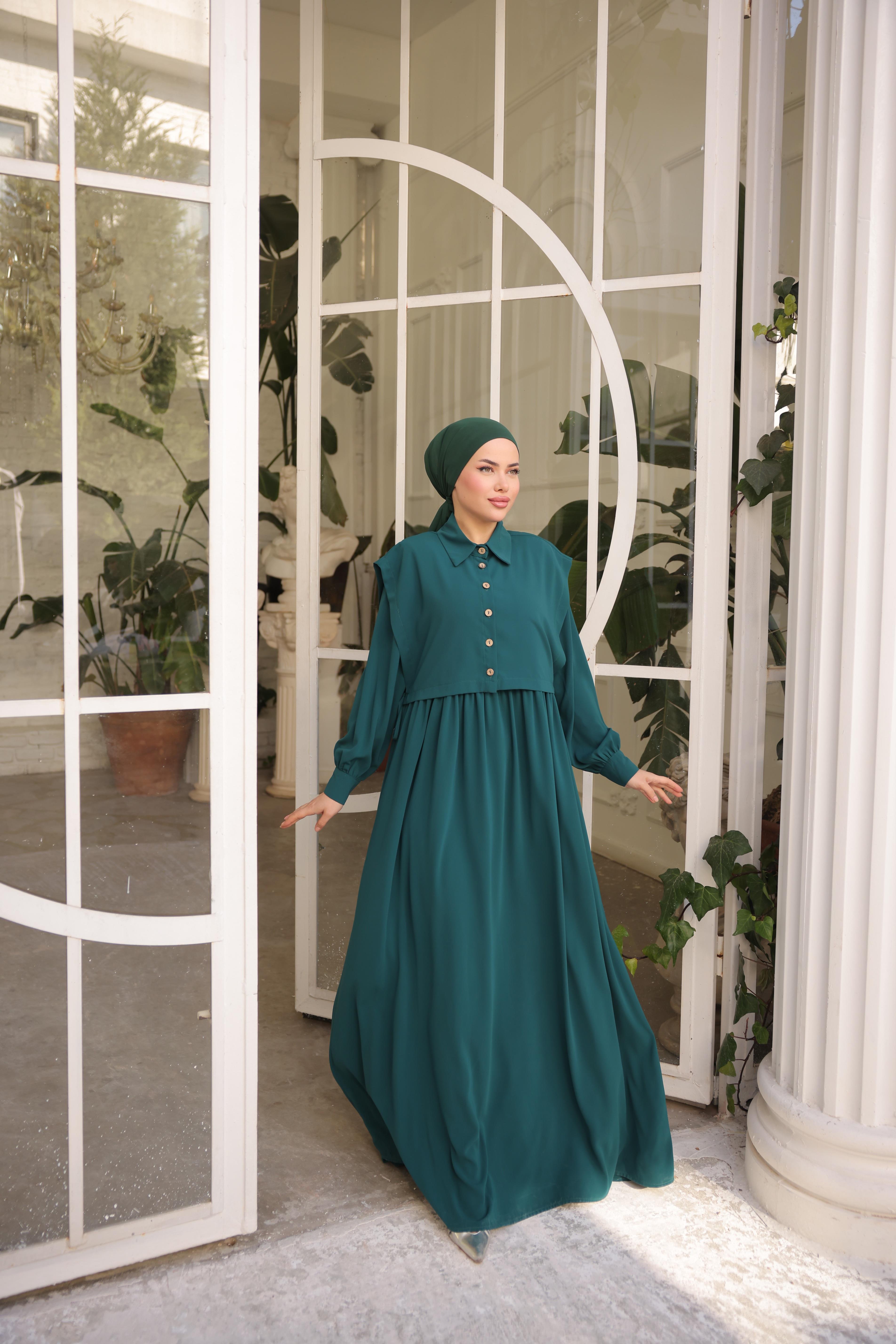 Zümrüt Yeşili Önlüklü Medine İpeği Elbise 5065