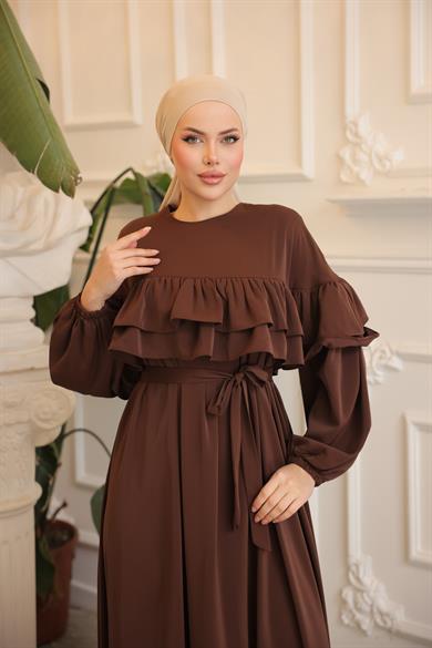 Acı Kahve Çift Fırfırlı Elbise 5068