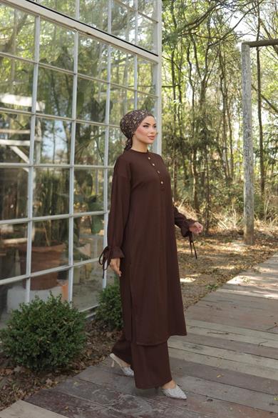 Acı Kahve Düğme Detaylı Örme Pantolon Takım 6020