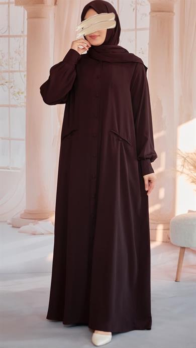 Acı Kahve Kaplama Düğmeli Şallı Ferace 5117