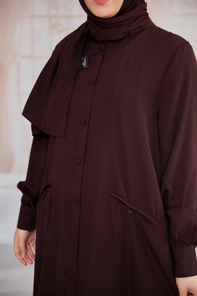 Acı Kahve Kaplama Düğmeli Şallı Ferace 5117