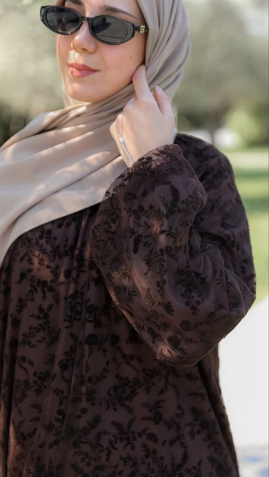 Acı Kahve LY26 4030 REGLAN KOL FLOK BASKILI ELBİSE