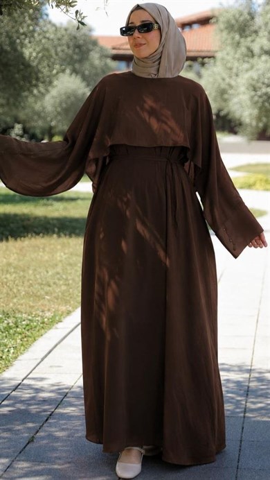 Acı Kahve Önü Pelerinli Oversize Elbise 5156