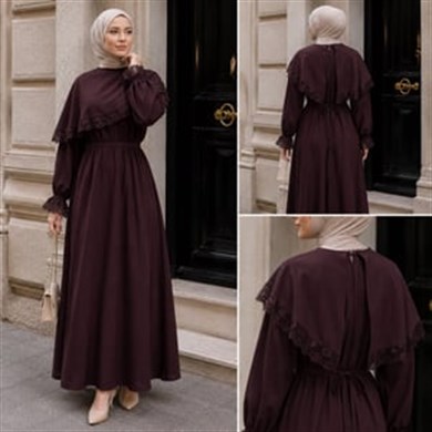 Acı Kahve Pelerinli Dantelli Elbise 5159