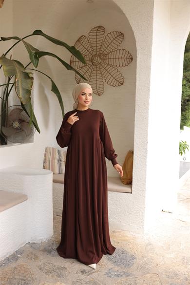 Acı Kahve Yandan Büzgülü Örme Elbise 8063