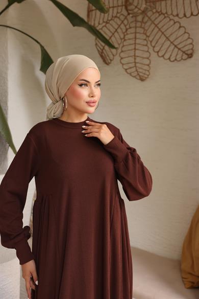 Acı Kahve Yandan Büzgülü Örme Elbise 8063