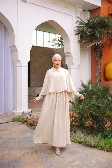 Açık Bej Pelerinli Elbise 5084