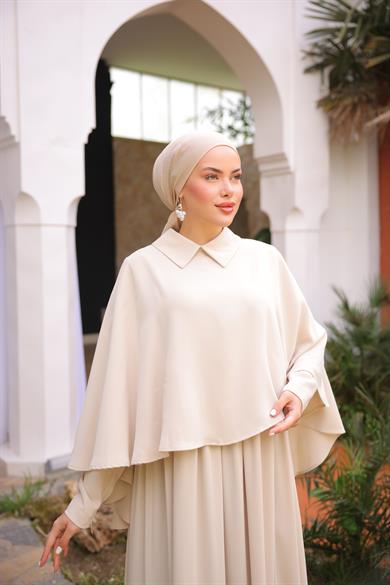 Açık Bej Pelerinli Elbise 5084