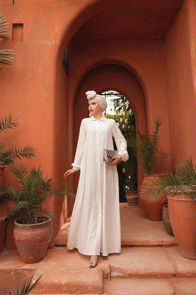 Açık Bej Tam Boy Düğmeli Ferace 5000