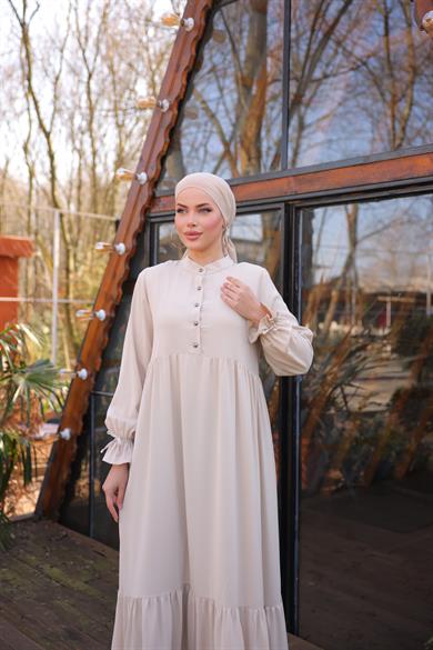 Açık Bej Yarım Patlı 3 Katlı Tesettür Elbise 5078