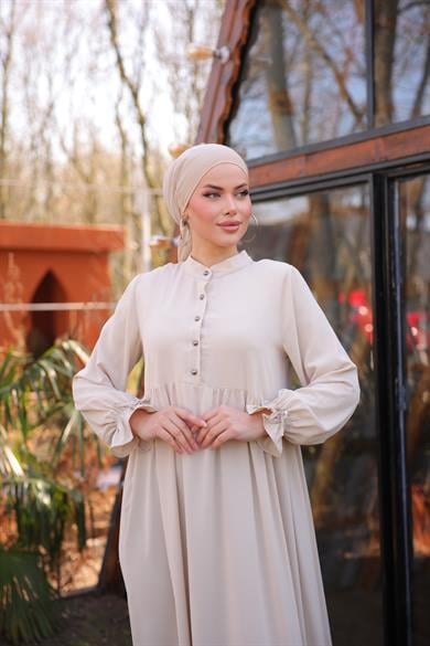 Açık Bej Yarım Patlı 3 Katlı Tesettür Elbise 5078