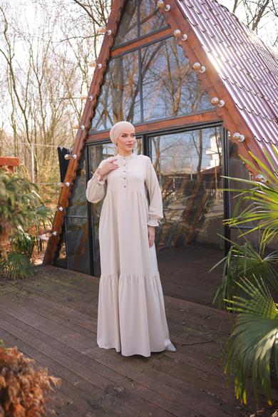 Açık Bej Yarım Patlı 3 Katlı Tesettür Elbise 5078