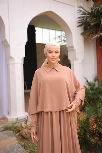 Açık Camel Pelerinli Elbise 5084