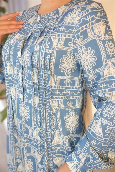 Açık Mavi Belmando Desenli Uzun Kollu Tesettür Elbise Fdl1889