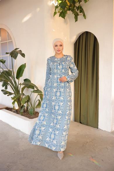 Açık Mavi Belmando Desenli Uzun Kollu Tesettür Elbise Fdl1889