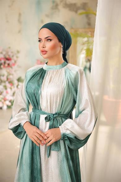 Açık Mavi Saten Jaccar Desenli Uzun Tesettür Elbise Fdl1861