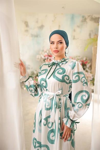 Açık Mavi Saten Kumaş Lale Desenli Uzun Tesettür Elbise Fdl1856