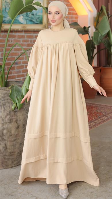 Bej Çift Bantlı Salaş Elbise 5069