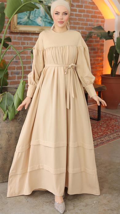 Bej Çift Bantlı Salaş Elbise 5069