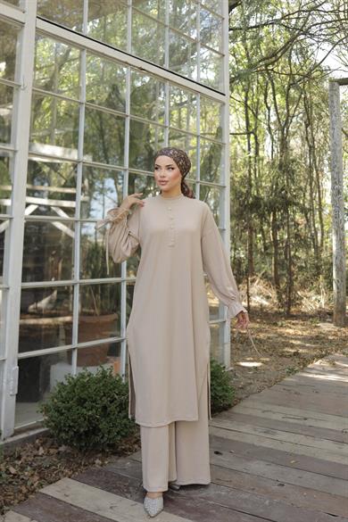 Bej Düğme Detaylı Örme Pantolon Takım 6020