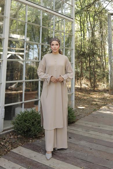 Bej Düğme Detaylı Örme Pantolon Takım 6020