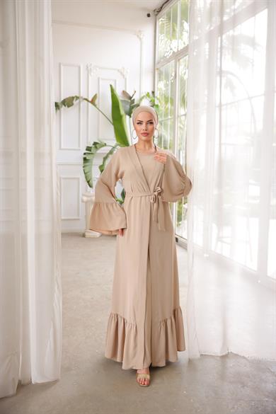 Bej Fırfırlı İkili Takım Abaya 5038
