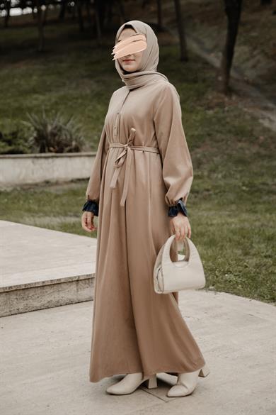 Bej Garnili Kadife Elbise Nsr 5112