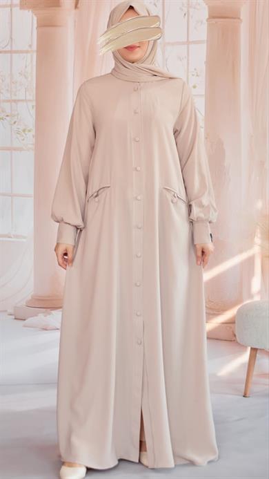 Bej Kaplama Düğmeli Şallı Ferace 5117