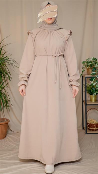 Bej Omuzdan Fırfırlı Elbise 5128