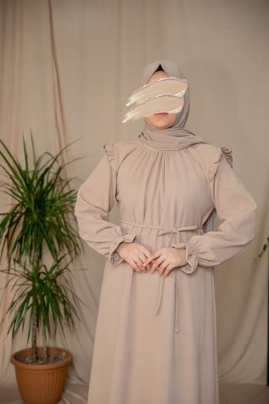 Bej Omuzdan Fırfırlı Elbise 5128