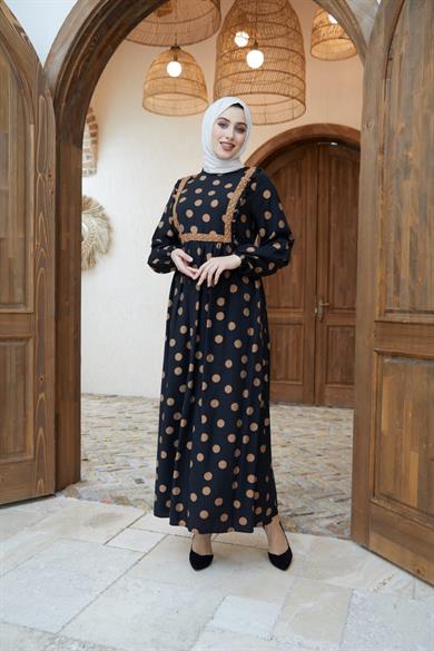 Bej Puantiyeli Keten Uzun Tesettür Elbise Fdl1405