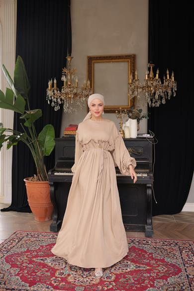 Bej Robalı Büzgülü Oversize Elbise 5093