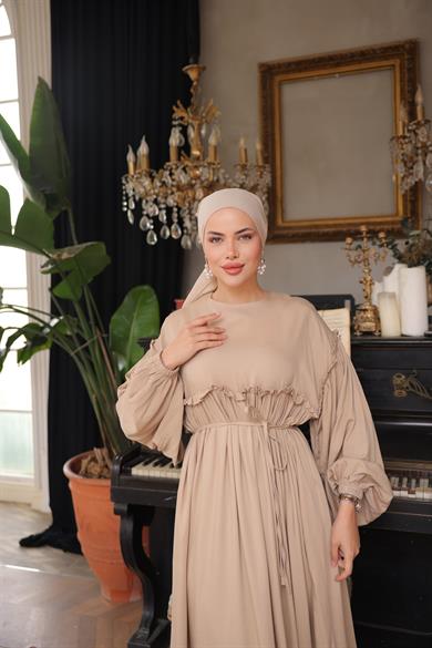 Bej Robalı Büzgülü Oversize Elbise 5093