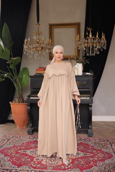 Bej Robalı Büzgülü Oversize Elbise 5093