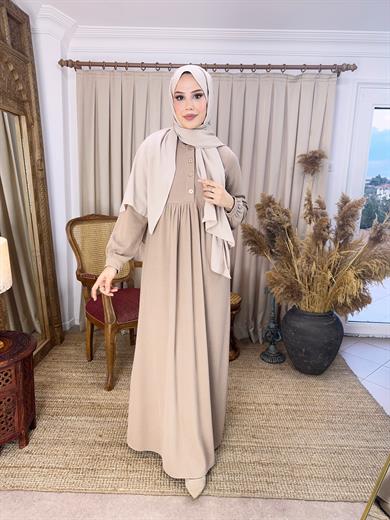 Bej Yarım Pat Düğmeli Örme Elbise 8064