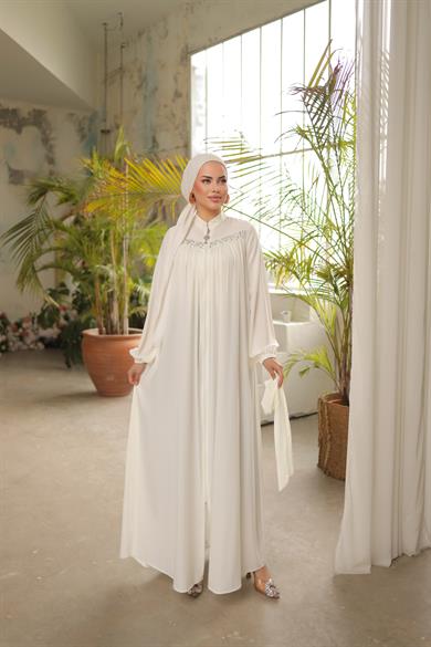 Beyaz Robalı Boncuklu Ferace 5016