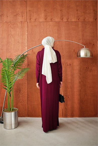 Bordo Boğazlı Yaka Fermuarlı Triko