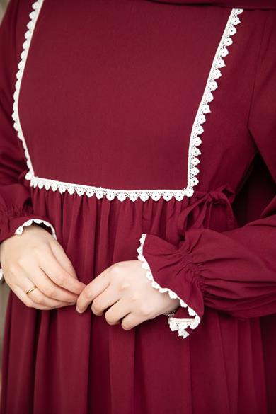 Bordo Dantel Detaylı Elbise 5126